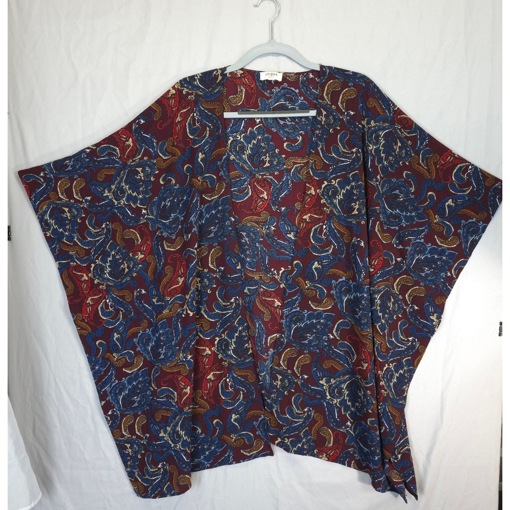 Umgee Paisley Kimono Cardigan Boho Open Front Burgundy Blue Beach Flowy S M
